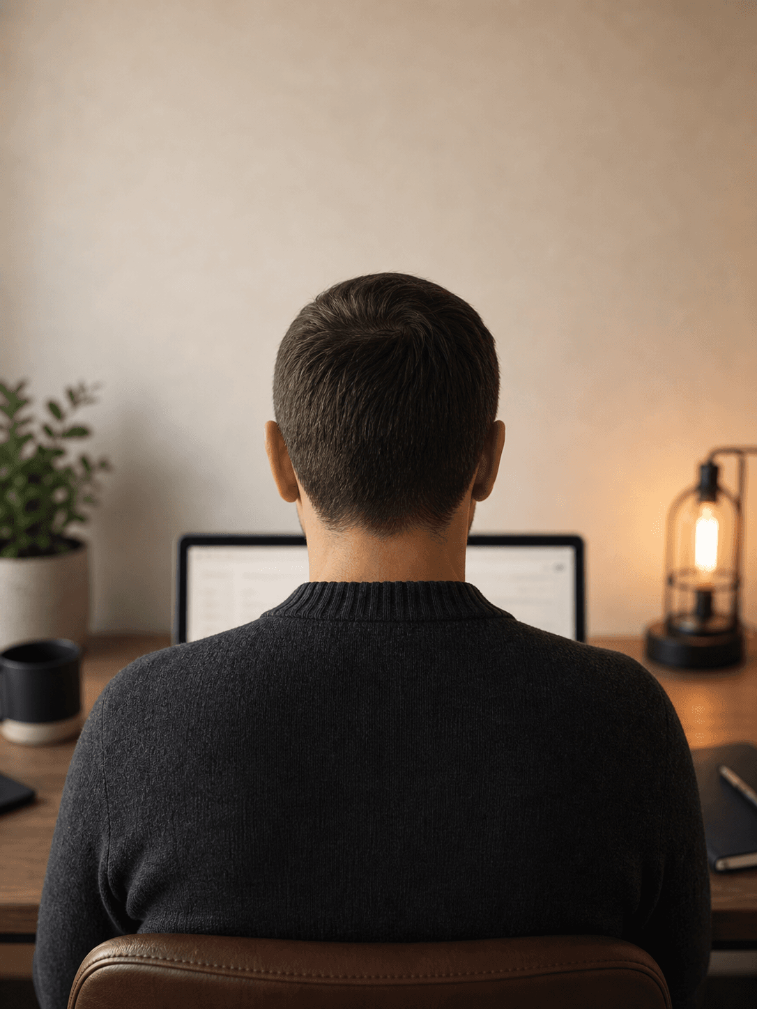 Person viewed from behind at a laptop with no face visible
